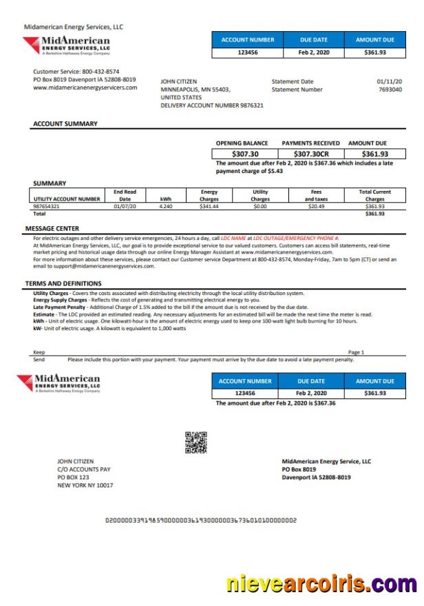 USA Iowa MidAmerican Energy Services utility bill